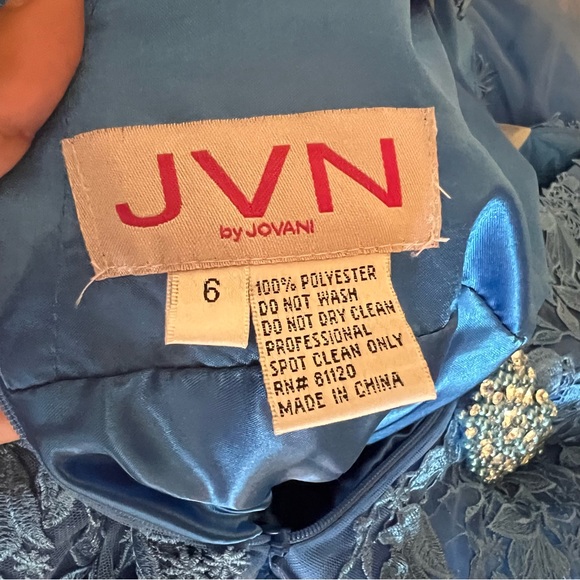 JVN by Jovani Blue V Neck Tulle Prom Ball Gown Lace Floral Appliqués - Picture 16 of 17